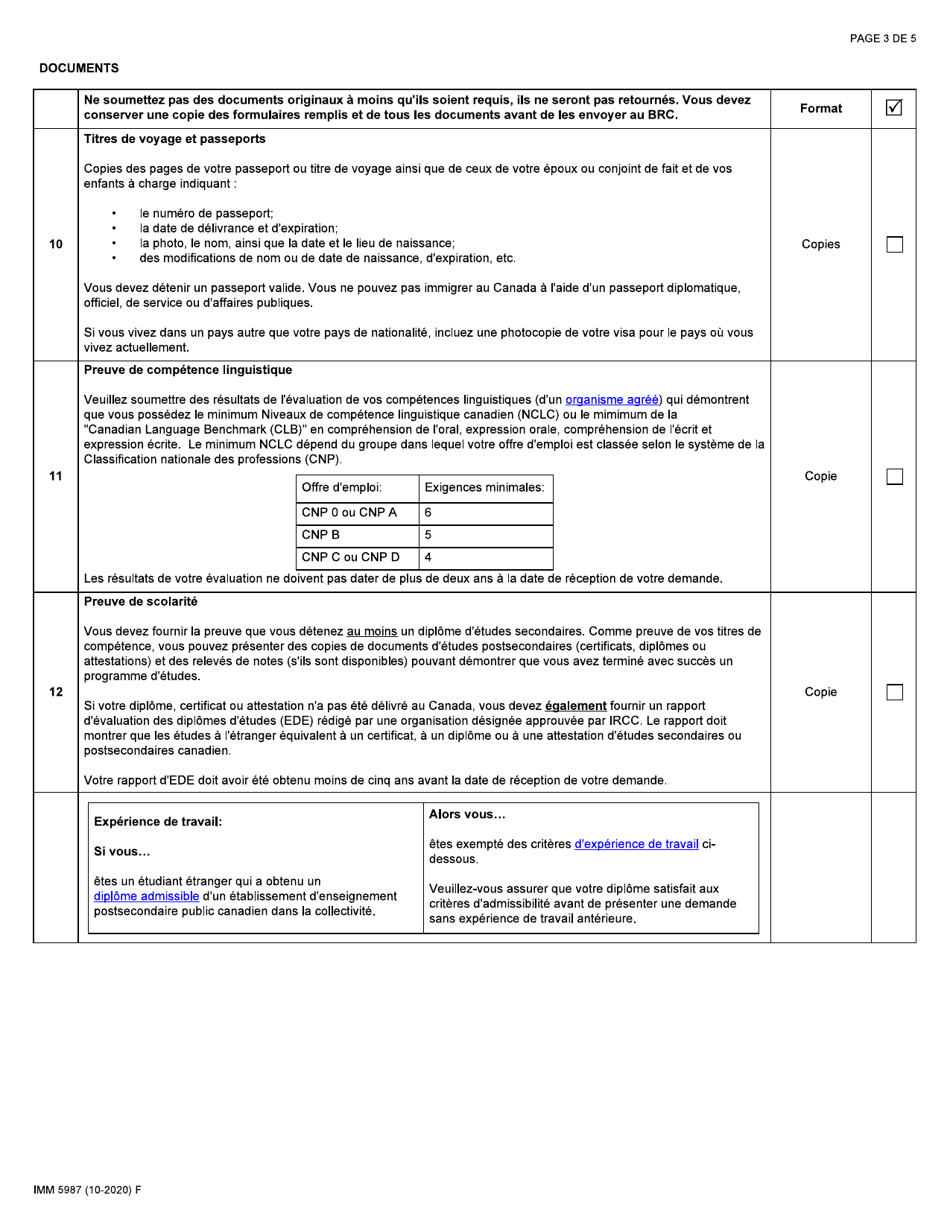 Forme IMM5987 Liste De Controle DES Documents: Programme Pilote Dimmigration Dans Les Communautes Rurales Et Du Nord - Canada (French), Page 3