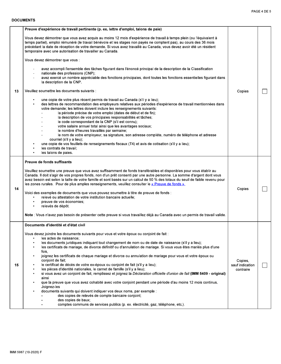 Forme IMM5987 Liste De Controle DES Documents: Programme Pilote Dimmigration Dans Les Communautes Rurales Et Du Nord - Canada (French), Page 4