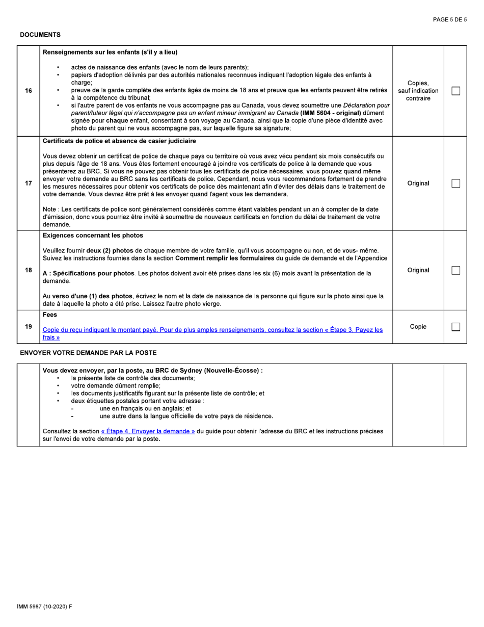 Forme IMM5987 Liste De Controle DES Documents: Programme Pilote Dimmigration Dans Les Communautes Rurales Et Du Nord - Canada (French), Page 5
