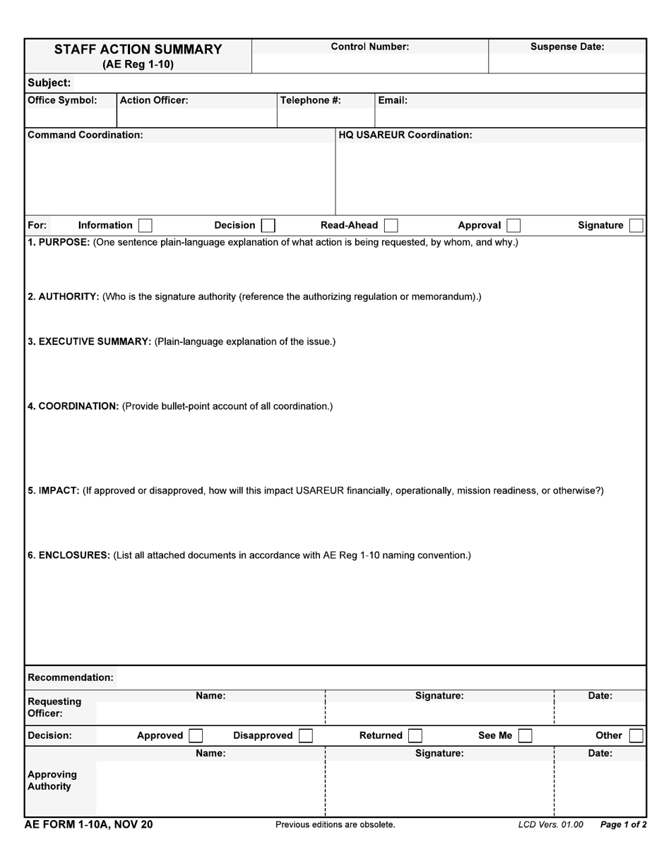 AE Form 1-10A Staff Action Summary, Page 1