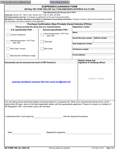 AE Form 190-1AJ Suspense/Clearance Form