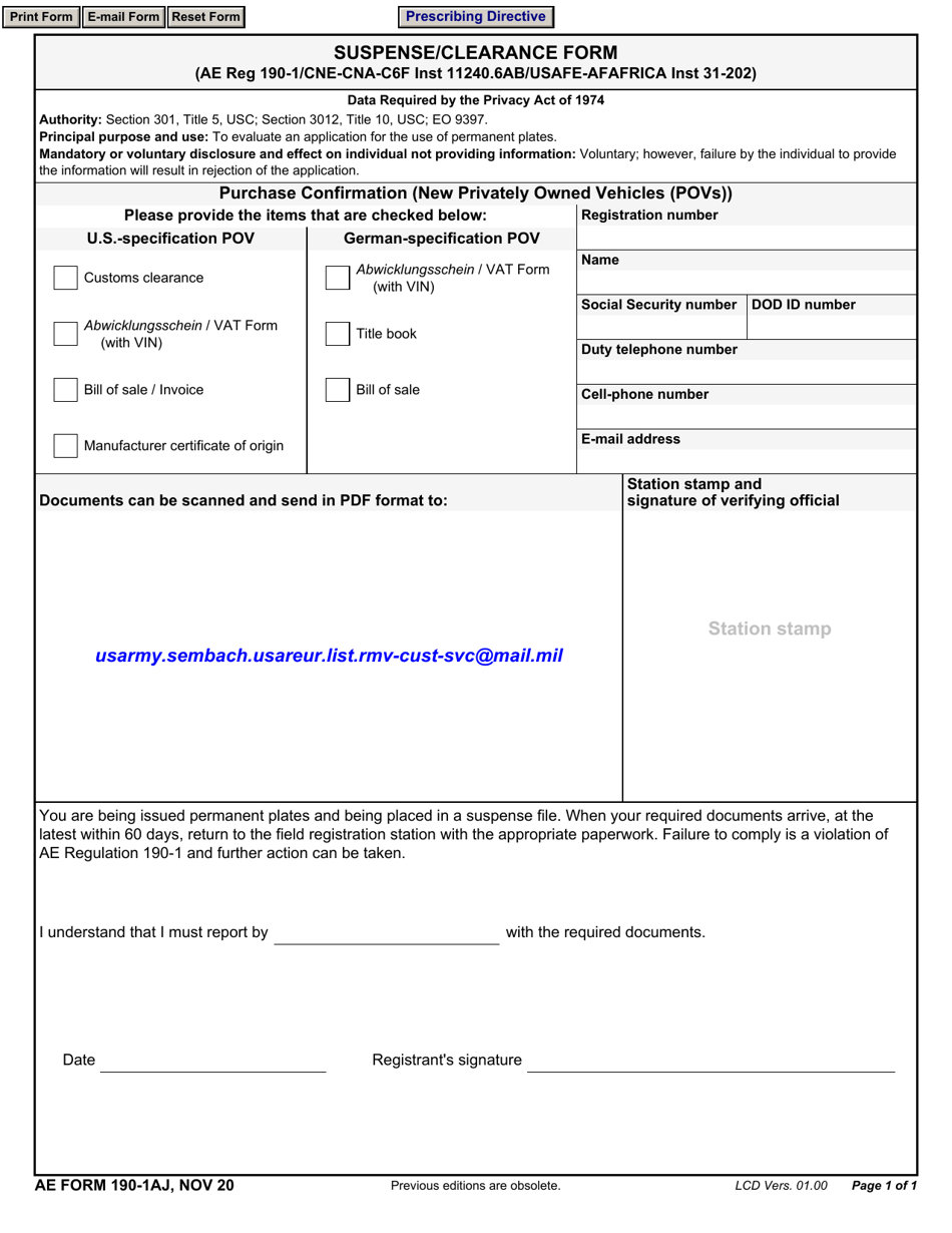 Ae Form 190 1aj Download Fillable Pdf Or Fill Online Suspenseclearance Form Templateroller 6363