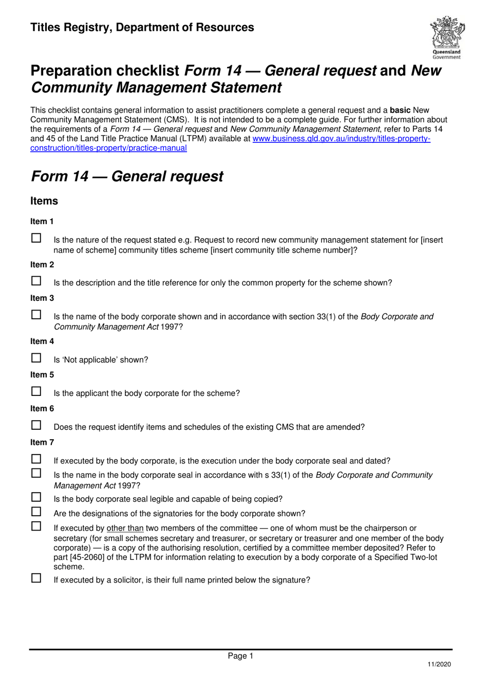 Form 14 Preparation Checklist - General Request and New Community Management Statement - Queensland, Australia, Page 1