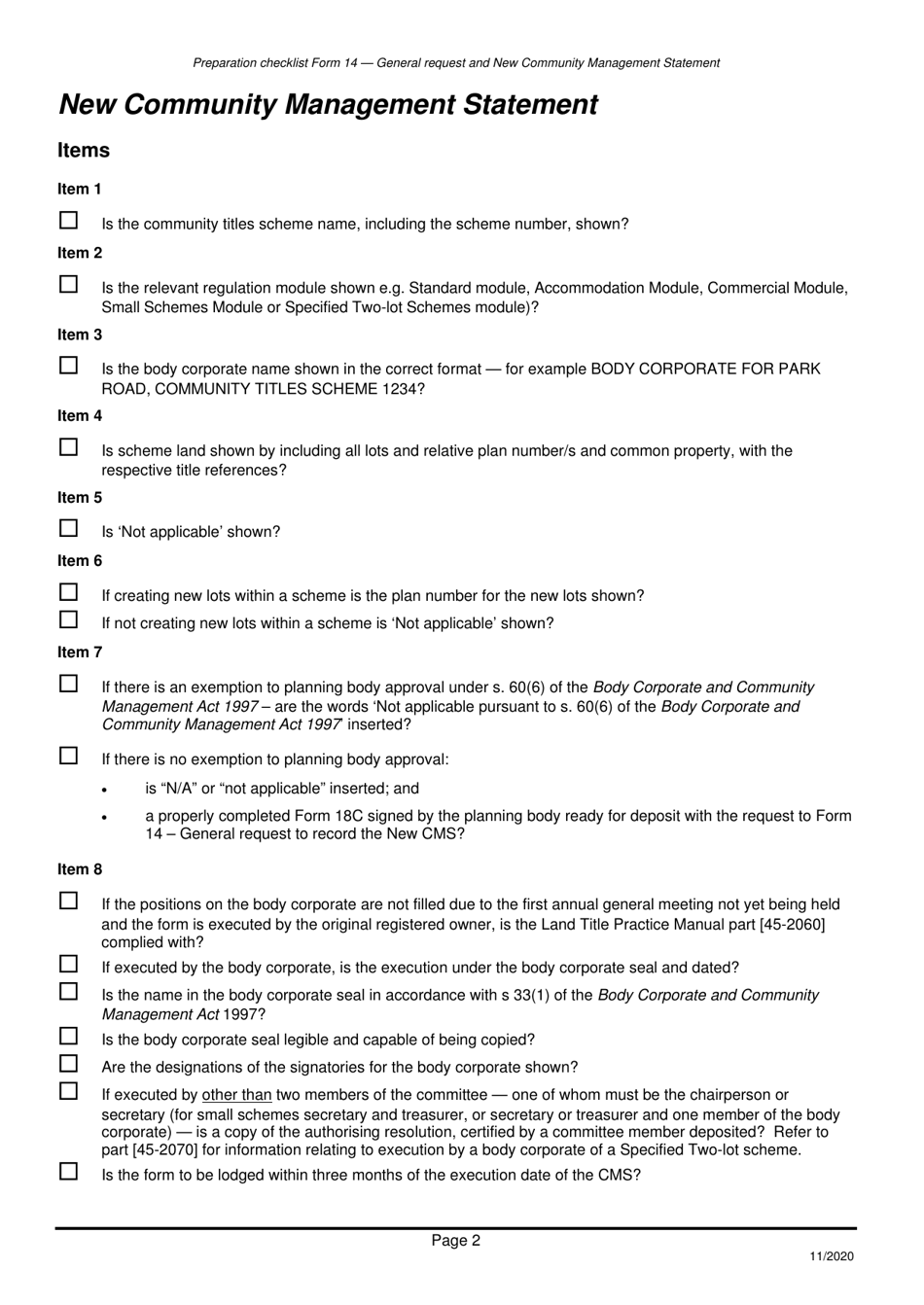 Form 14 Preparation Checklist - General Request and New Community Management Statement - Queensland, Australia, Page 2