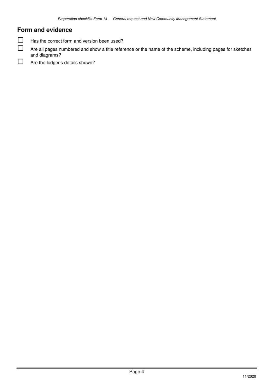 Form 14 Preparation Checklist - General Request and New Community Management Statement - Queensland, Australia, Page 4