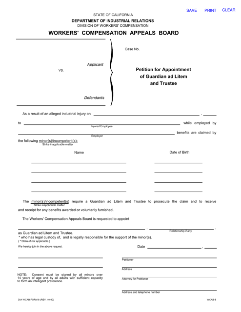 DIA WCAB Form 8 Petition for Appointment of Guardian Ad Litem and Trustee - California