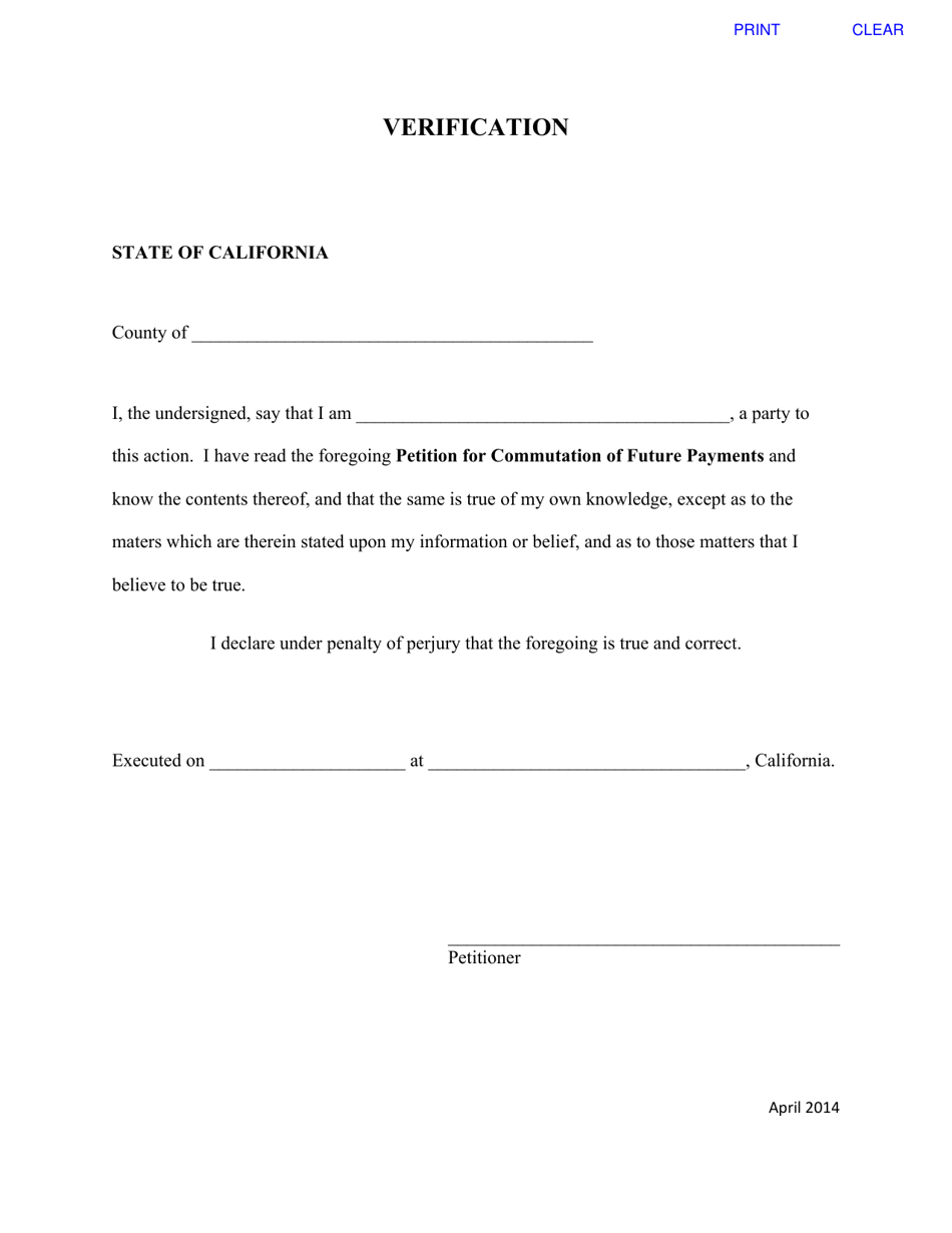 Petition for Commutation of Future Payments Verification Form - California, Page 1