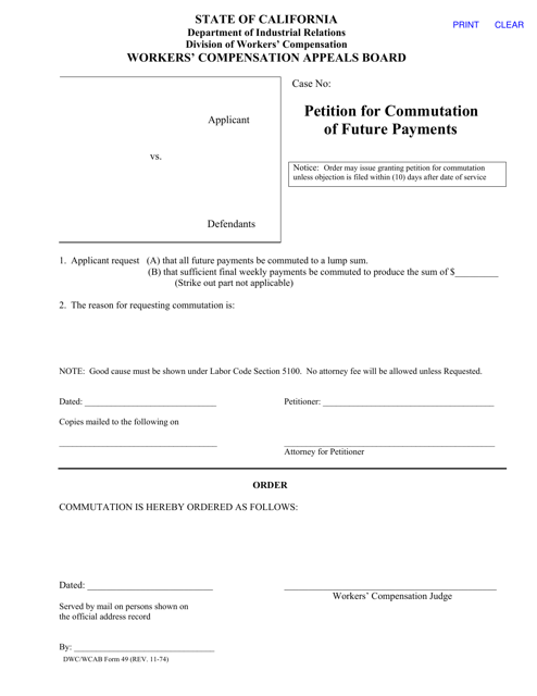 DWC/WCAB Form 49 Petition for Commutation of Future Payments - California
