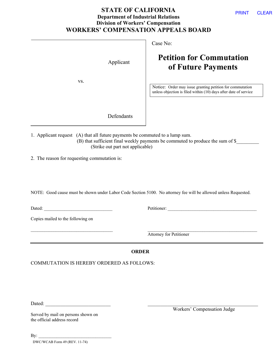 DWC / WCAB Form 49 Petition for Commutation of Future Payments - California, Page 1