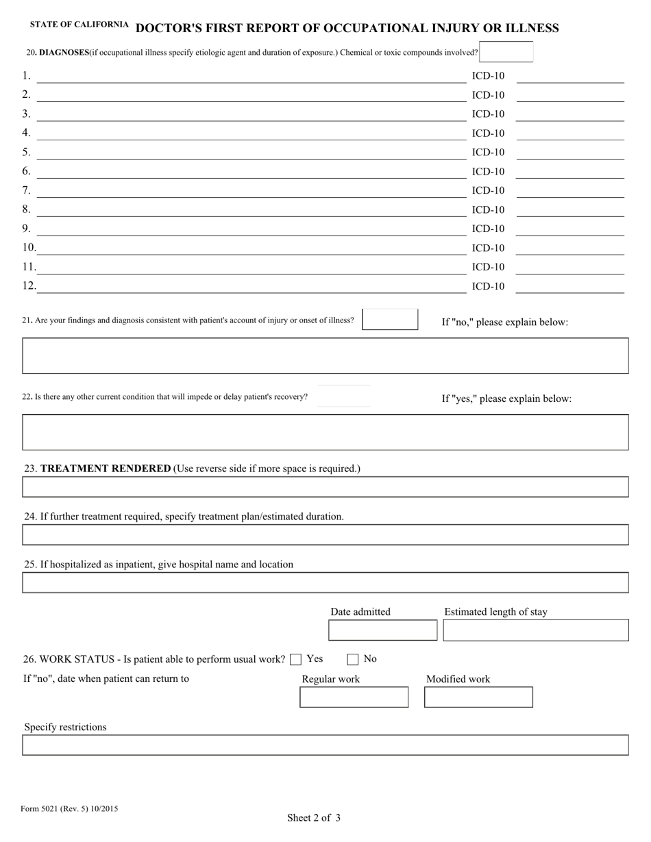 Form 5021 Doctors First Report of Occupational Injury or Illness - California, Page 2