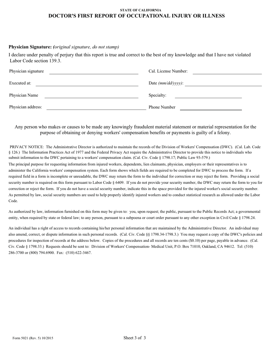 Form 5021 Doctors First Report of Occupational Injury or Illness - California, Page 3