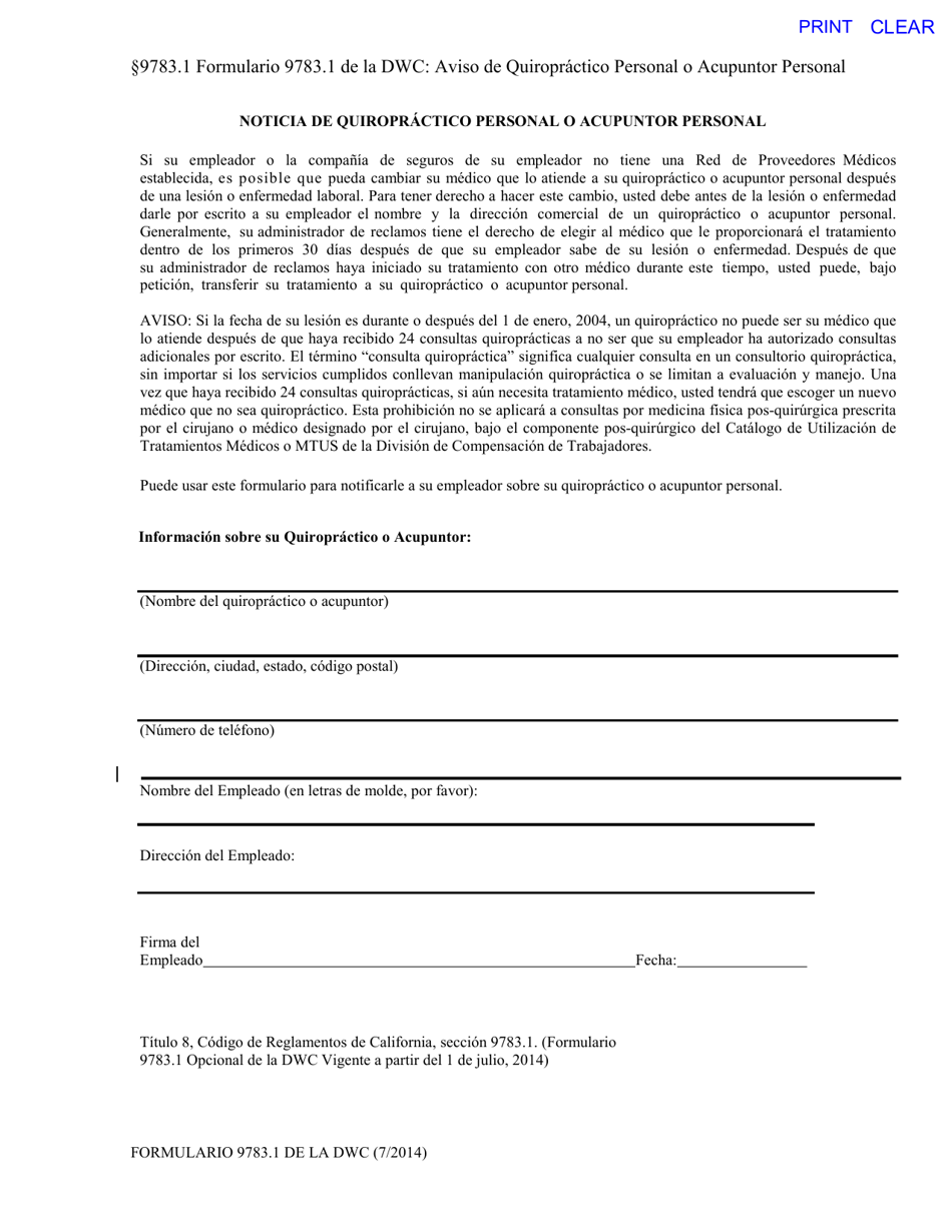 DWC Formulario 9783.1 Noticia De Quiropractico Personal O Acupuntor Personal - California (Spanish), Page 1