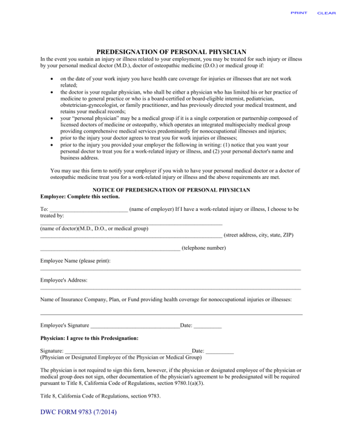 DWC Form 9783 Predesignation of Personal Physician - California