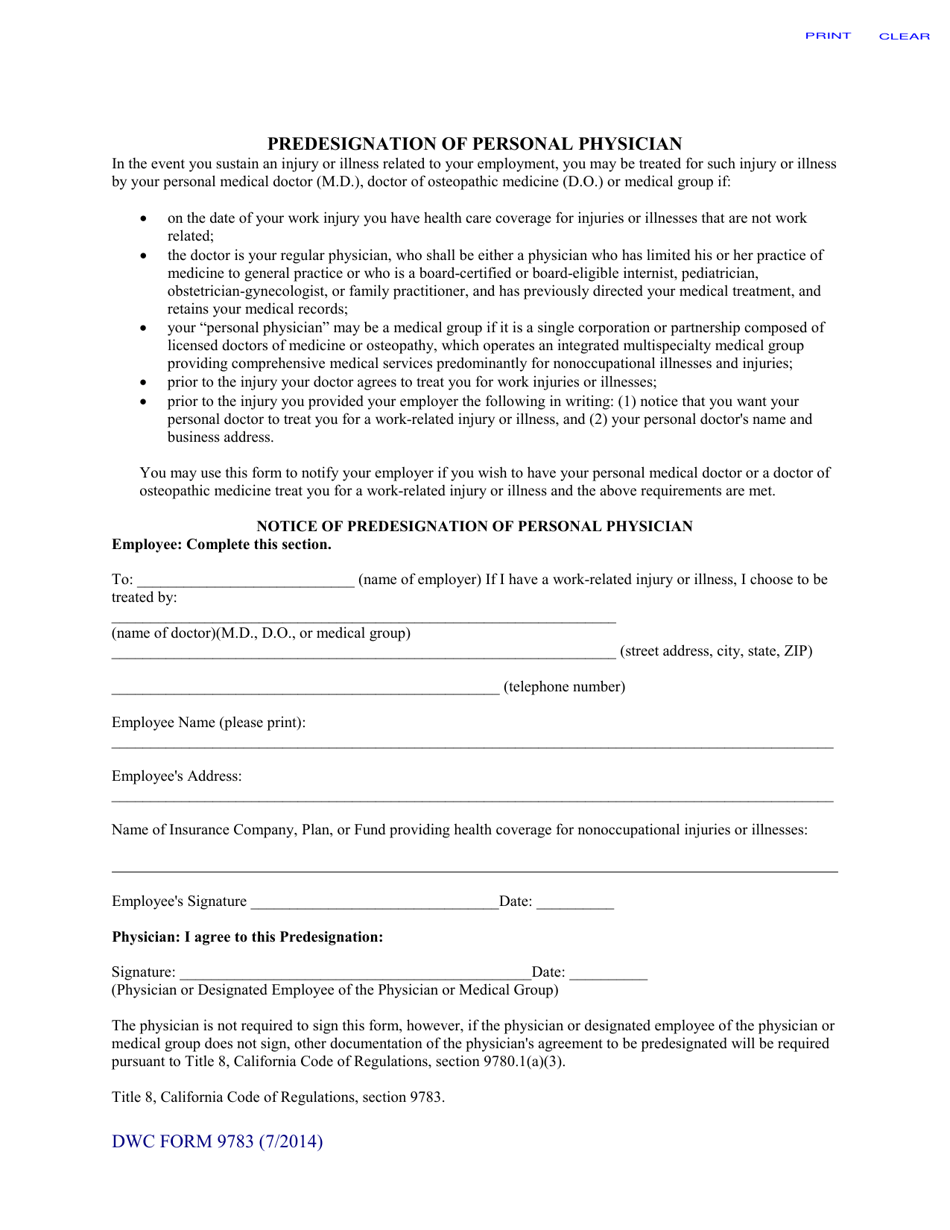 DWC Form 9783 Predesignation of Personal Physician - California, Page 1