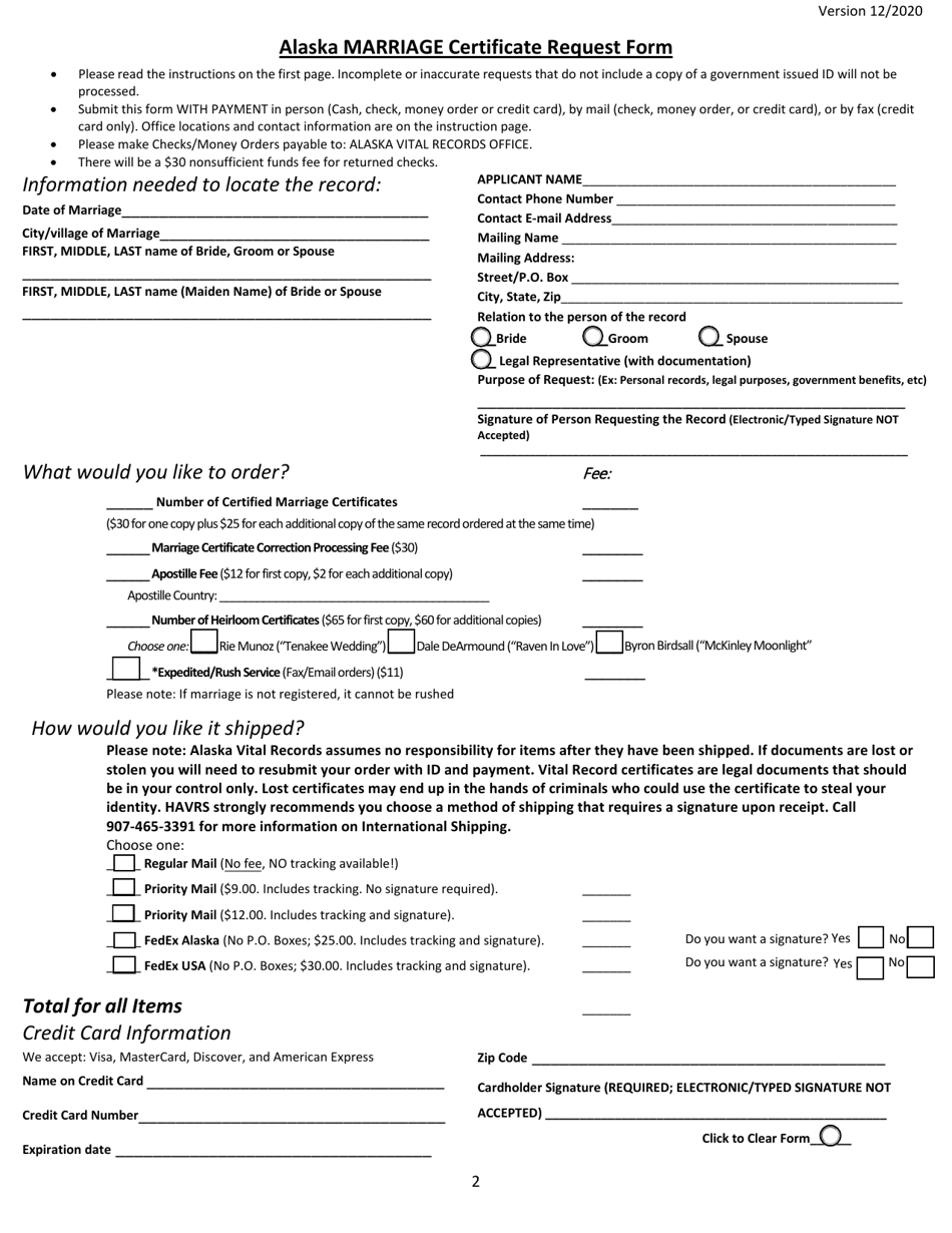 Alaska Marriage Certificate Request Form - Alaska, Page 2