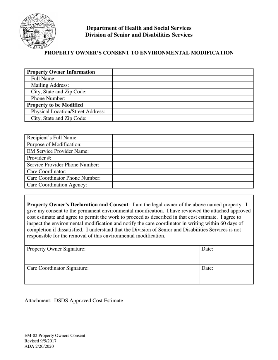 Form EM-02 Property Owner's Consent to Environmental Modification - Alaska, Page 1