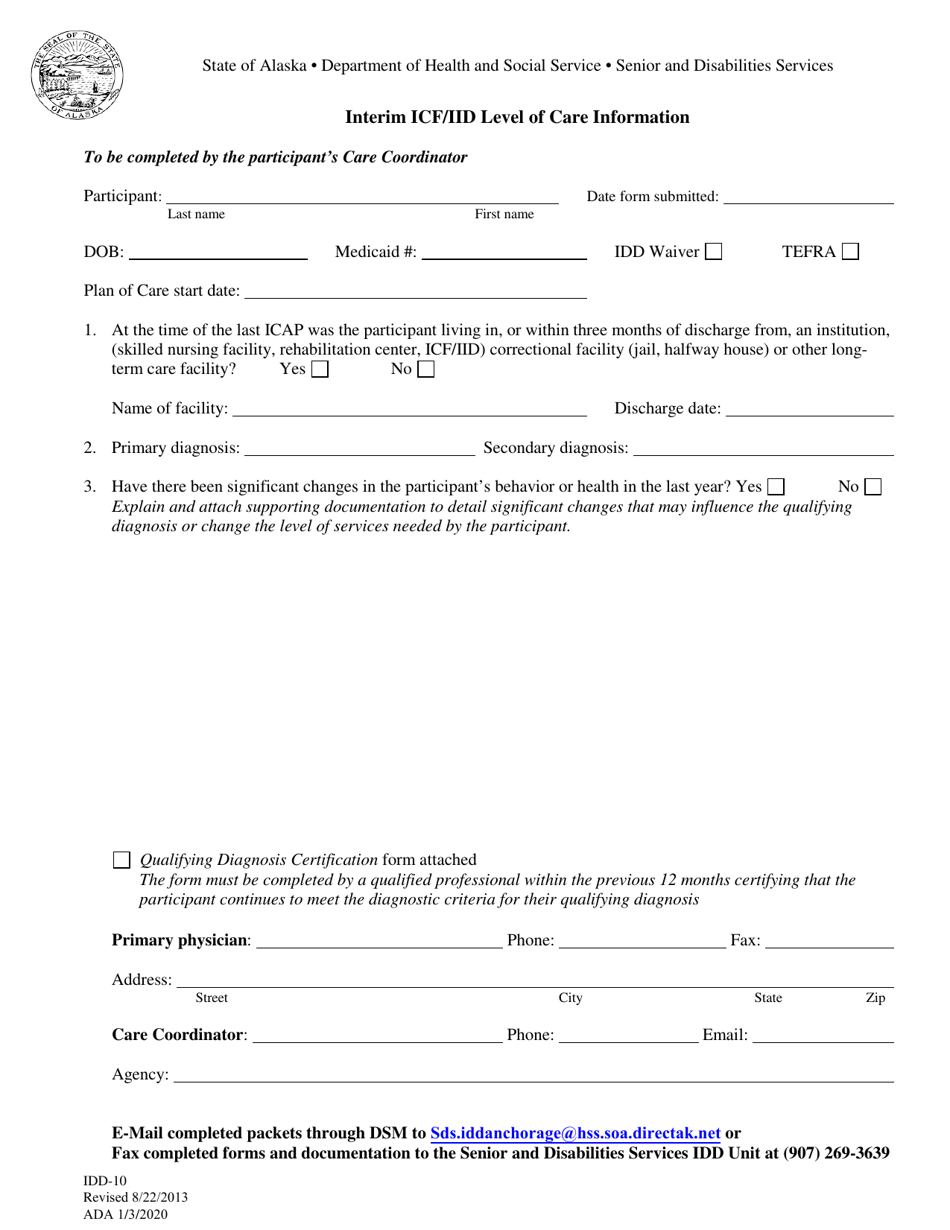 Form IDD-10 Interim Icf / Iid Level of Care Information - Alaska, Page 1