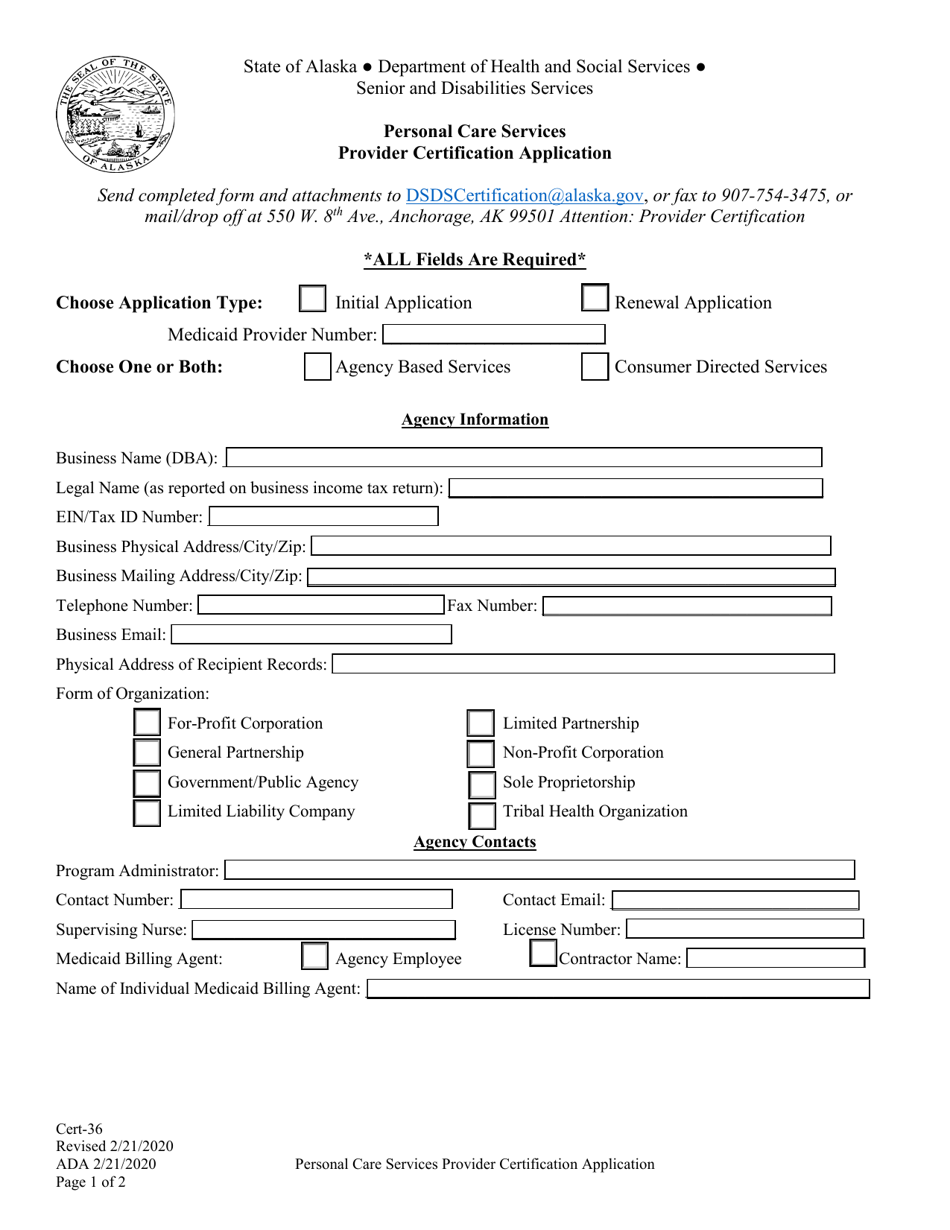 Form CERT-36 Personal Care Services Provider Certification Application - Alaska, Page 1