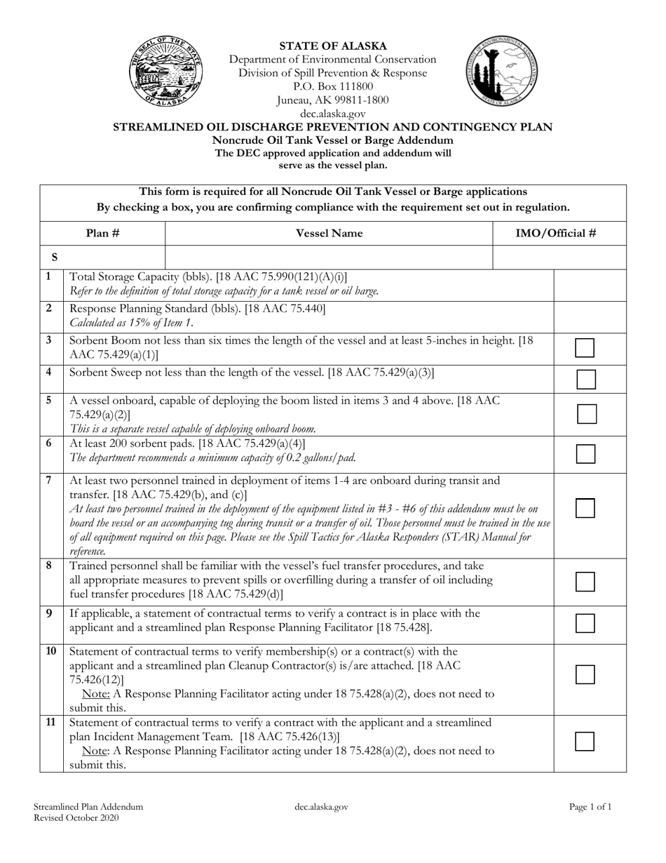 Streamlined Oil Discharge Prevention and Contingency Plan - Noncrude Oil Tank Vessel or Barge Addendum - Alaska, Page 1