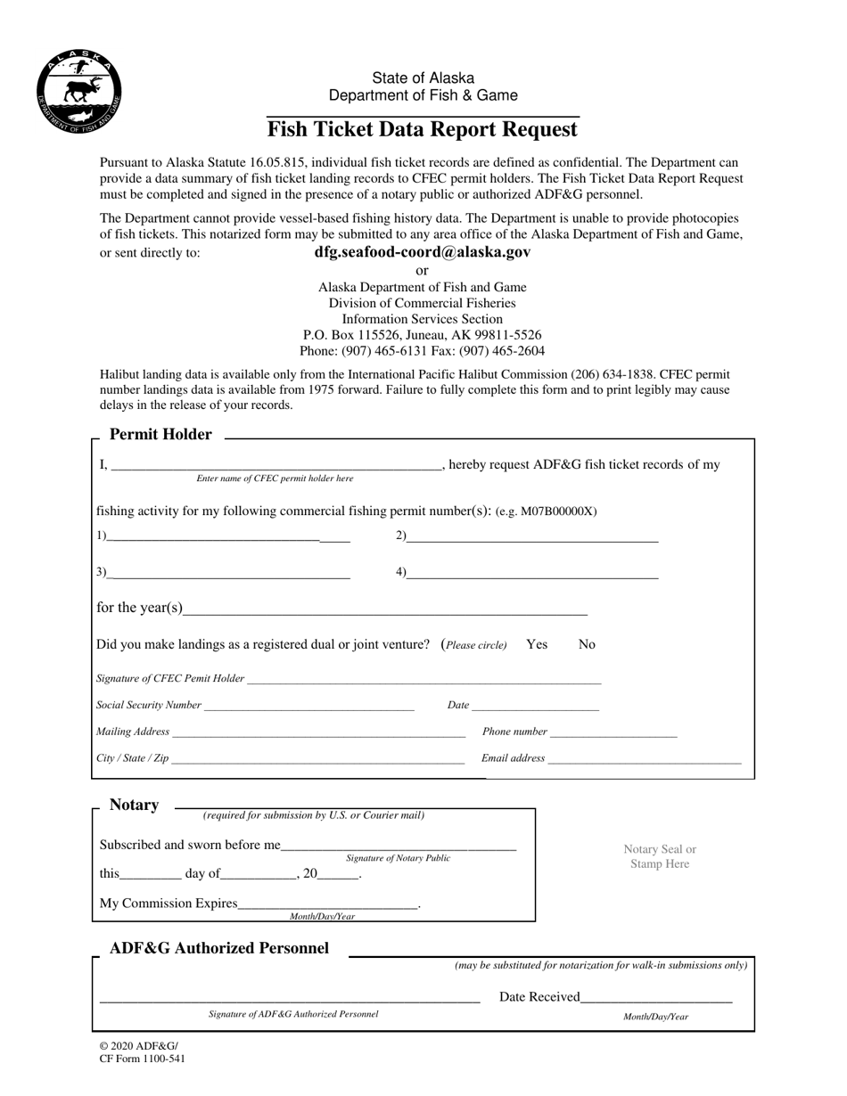 CF Form 1100-541 Fish Ticket Data Report Request - Alaska, Page 1