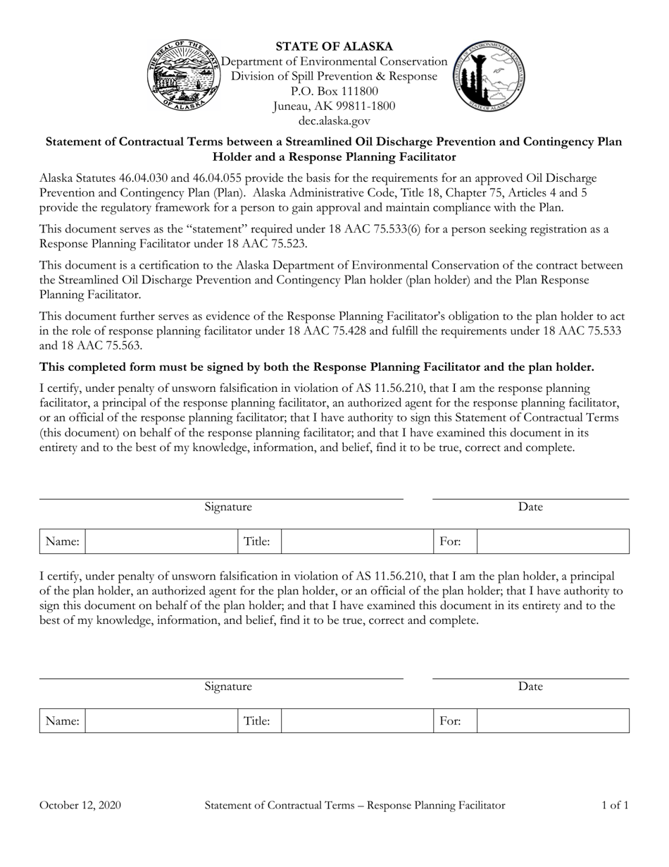 Statement of Contractual Terms Between a Streamlined Oil Discharge Prevention and Contingency Plan Holder and a Response Planning Facilitator - Alaska, Page 1