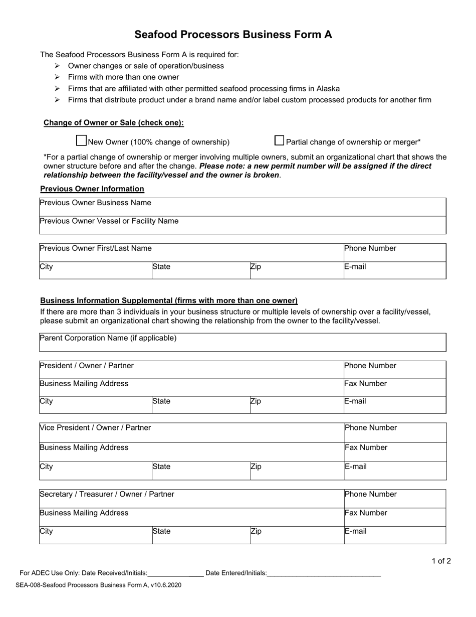 Form A (SEA-008) Seafood Processors Business Form - Alaska, Page 1