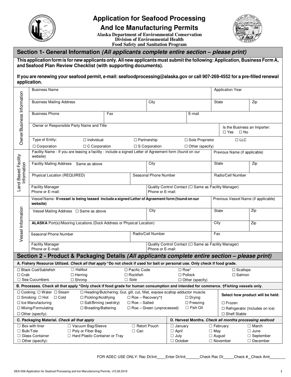 Form SEA-006 Application for Seafood Processing and ICE Manufacturing Permits - Alaska, Page 1