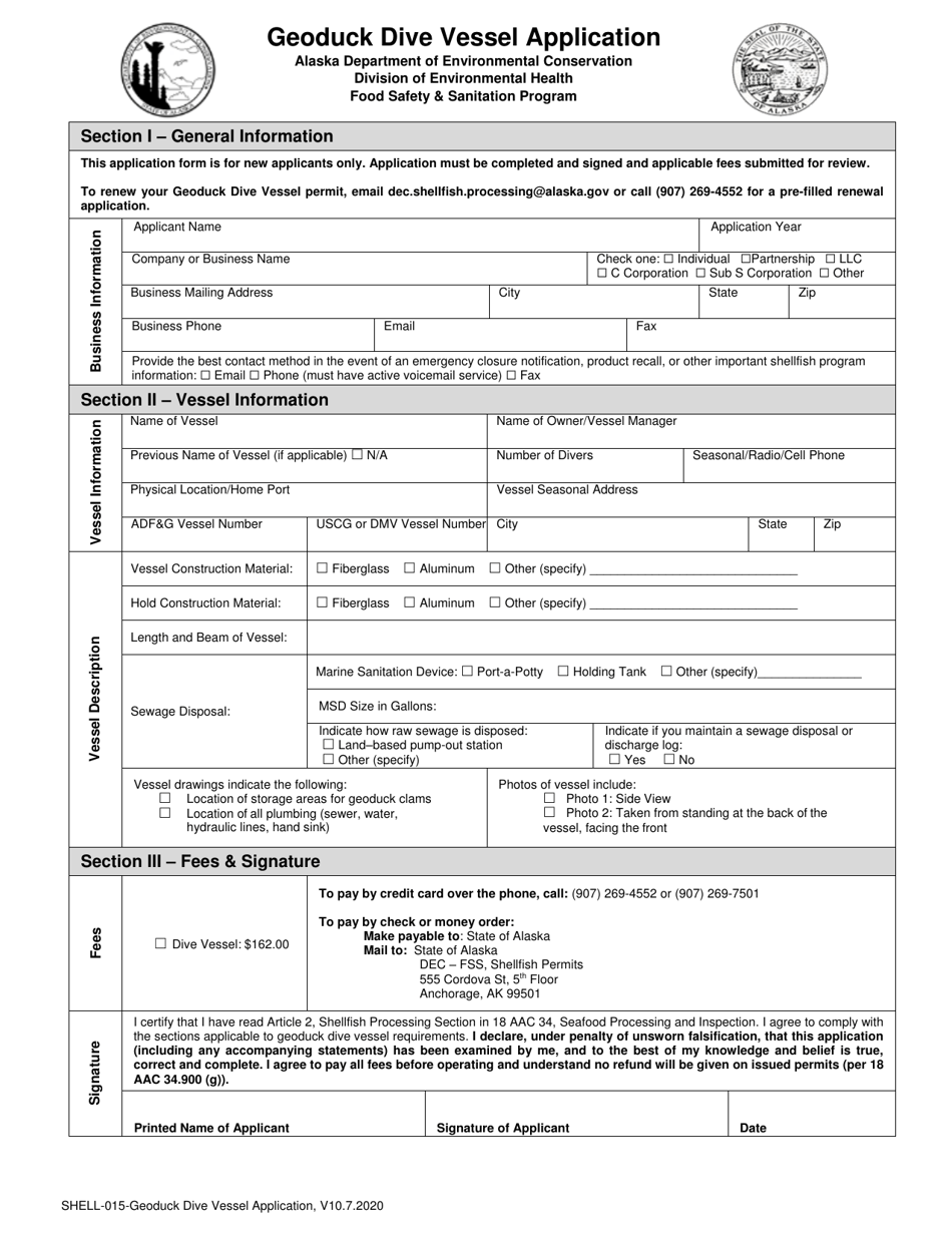 Form SHELL-015 Geoduck Dive Vessel Application - Alaska, Page 1