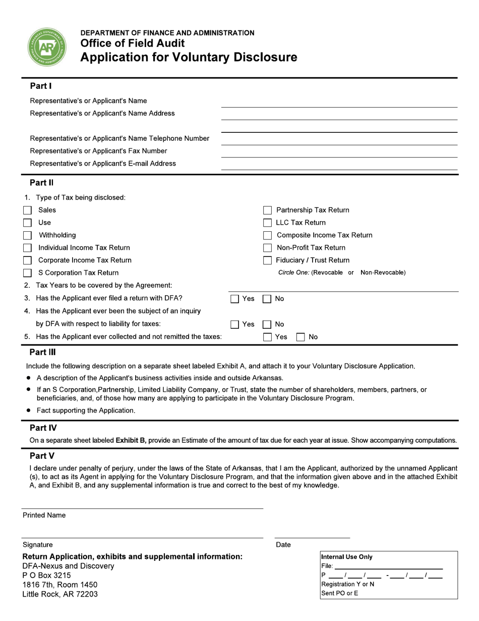 Application for Voluntary Disclosure - Arkansas, Page 1