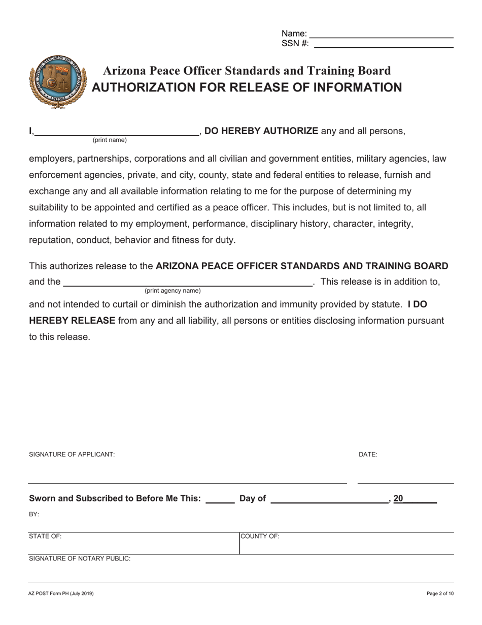 AZPOST Form PH Authorization for Release of Information - Arizona, Page 1