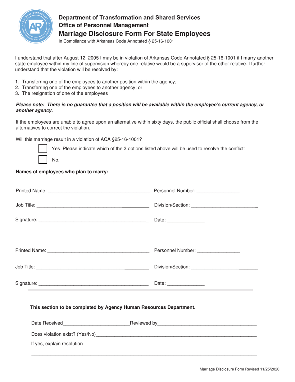 Arkansas Marriage Disclosure Form for State Employees Download Fillable