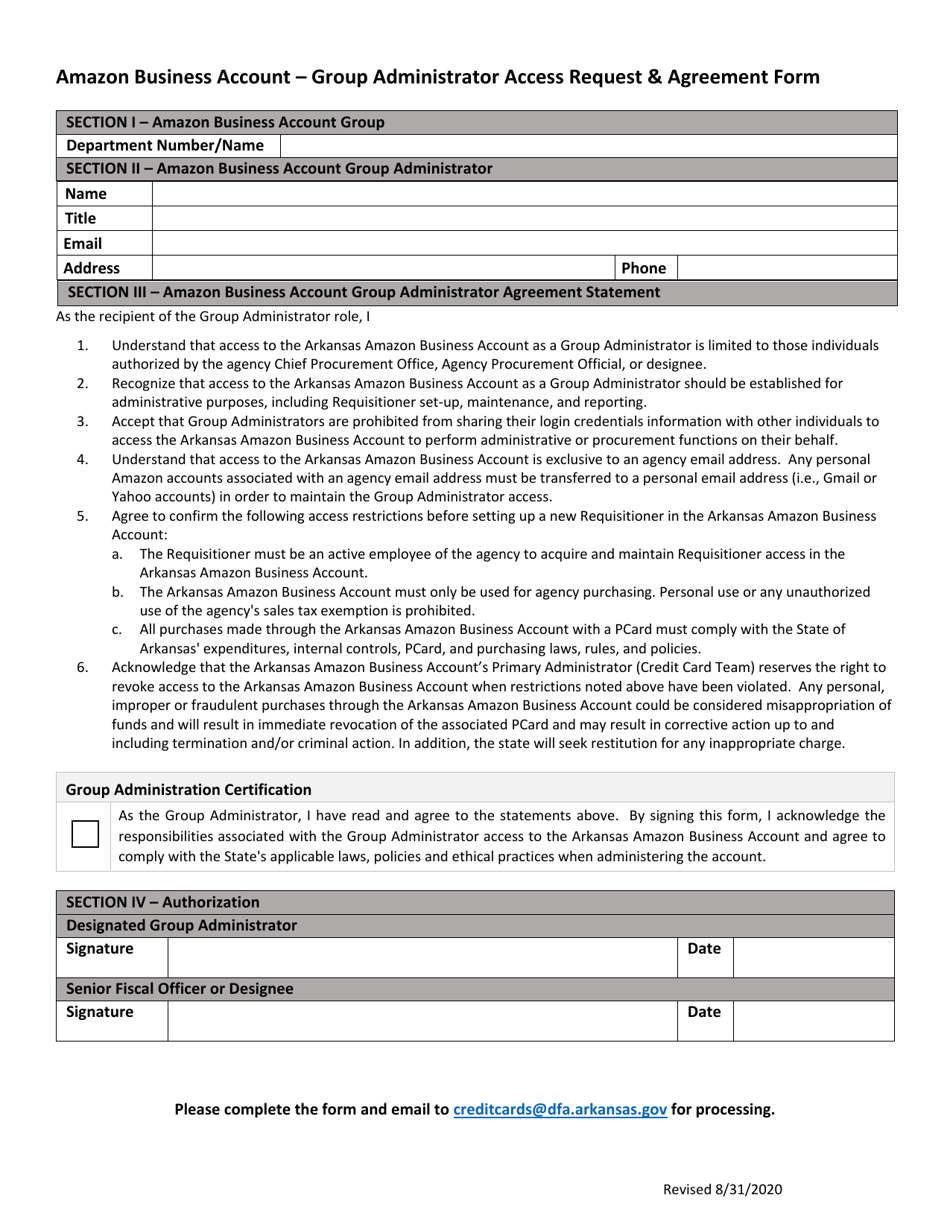 Amazon Business Account - Group Administrator Access Request  Agreement Form - Arkansas, Page 1