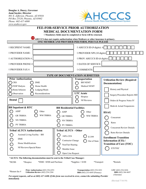 Fee-For-Service Prior Authorization Medical Documentation Form - Arizona Download Pdf
