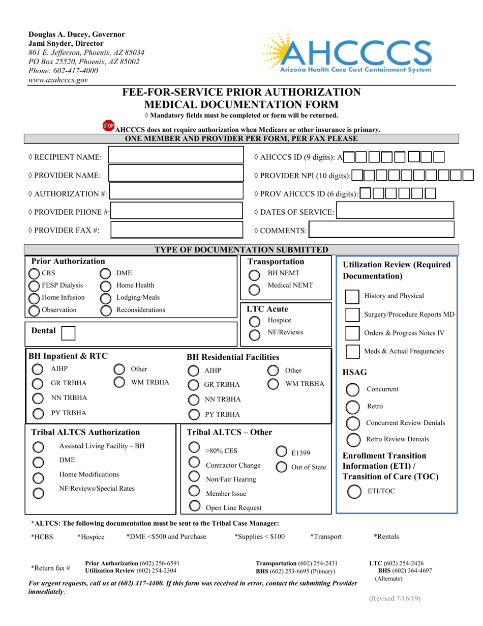 Fee-For-Service Prior Authorization Medical Documentation Form - Arizona, Page 1