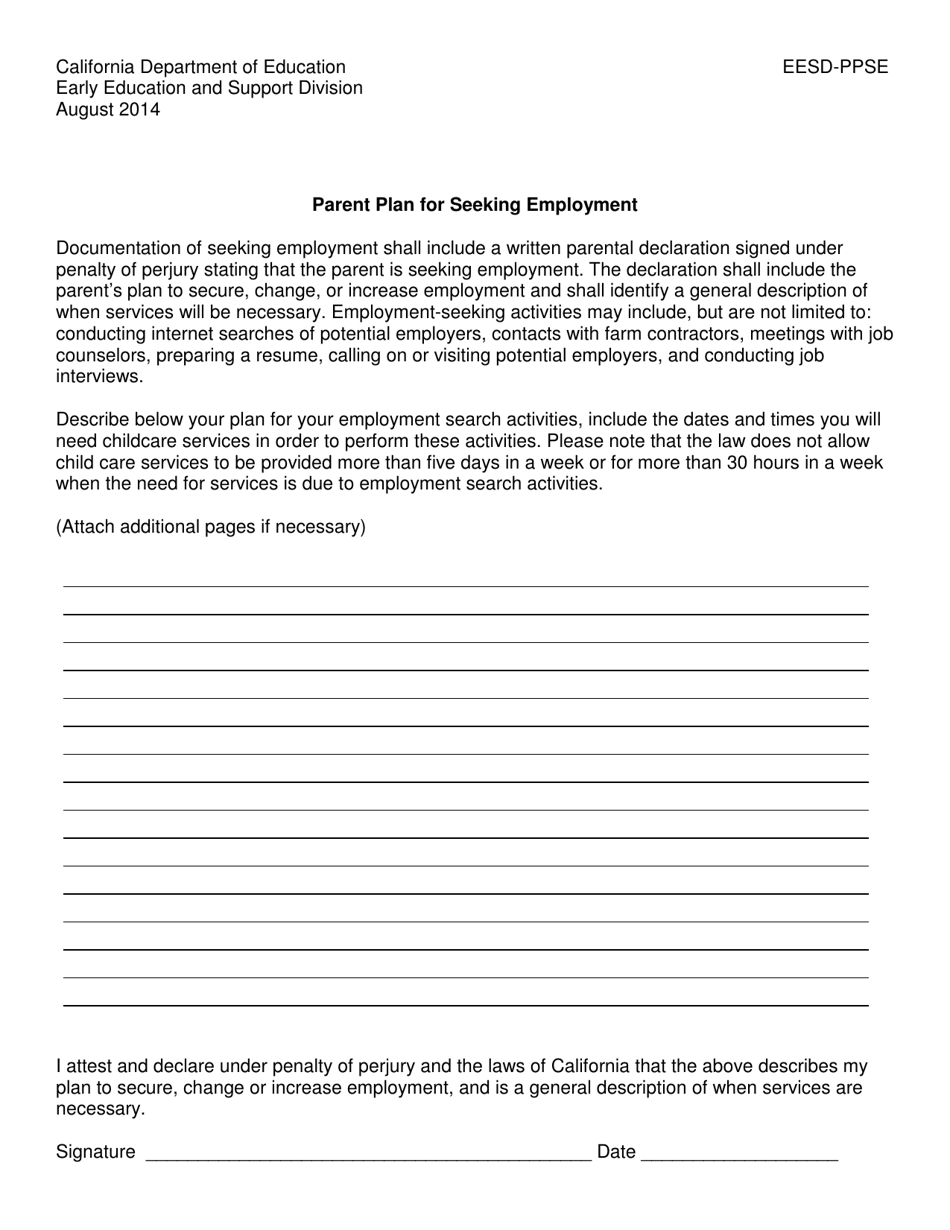 Form EESD-PPSE Parent Plan for Seeking Employment - California, Page 1