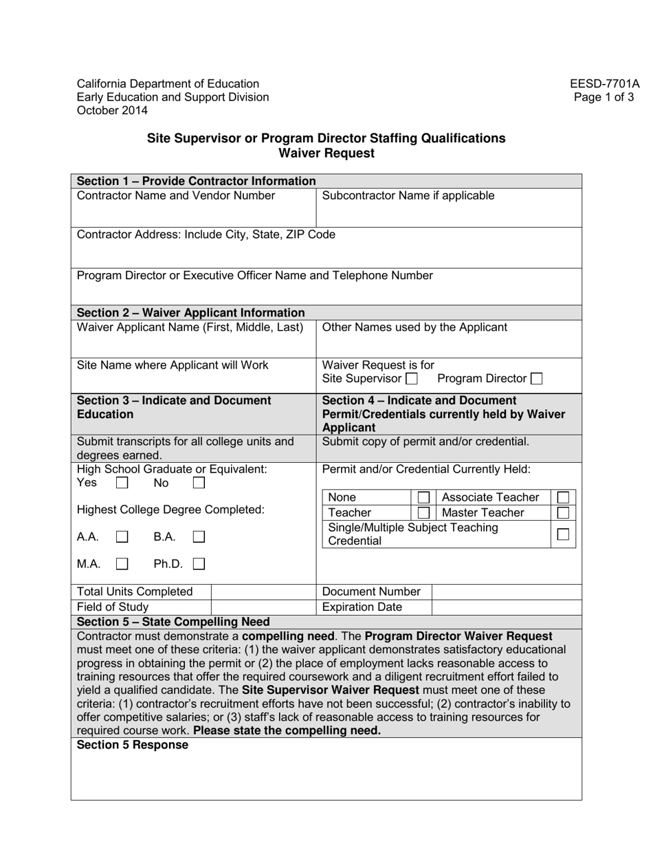 Form EESD-7701A Site Supervisor or Program Director Staffing Qualifications Waiver Request - California, Page 1