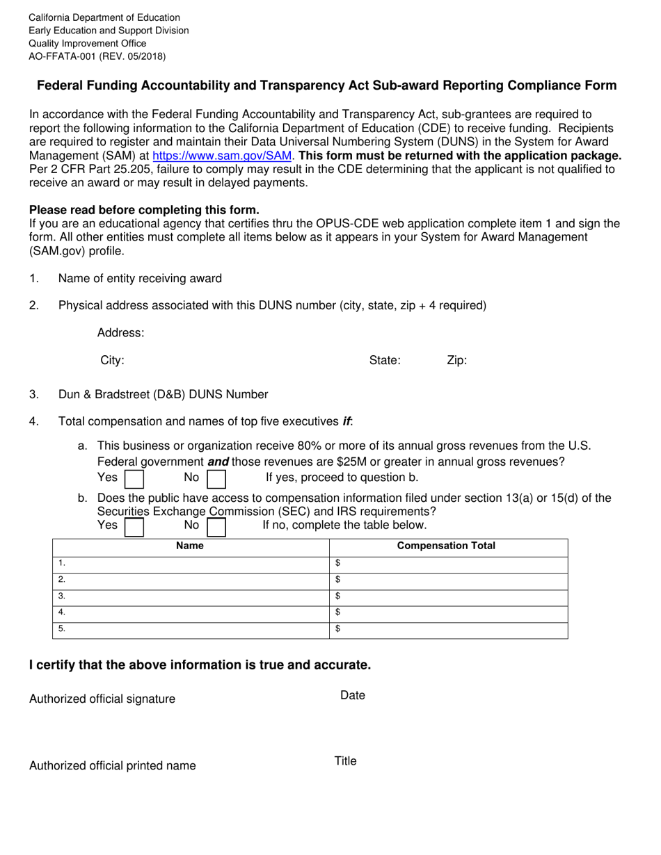 Form AO-FFATA-001 Federal Funding Accountability and Transparency Act Sub-award Reporting Compliance Form - California, Page 1