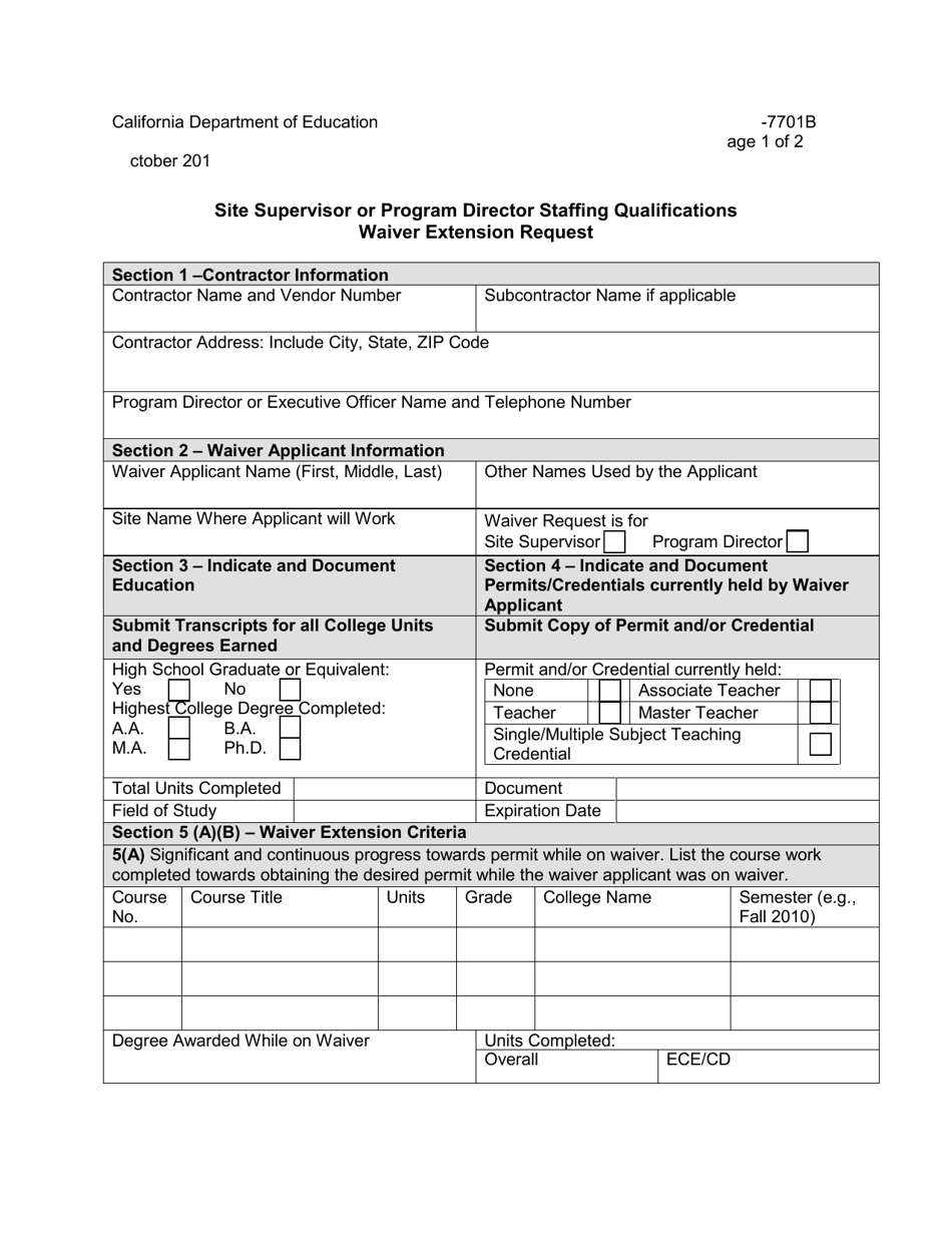 Form EESD-7701B Site Supervisor or Program Director Staffing Qualifications Waiver Extension Request - California, Page 1