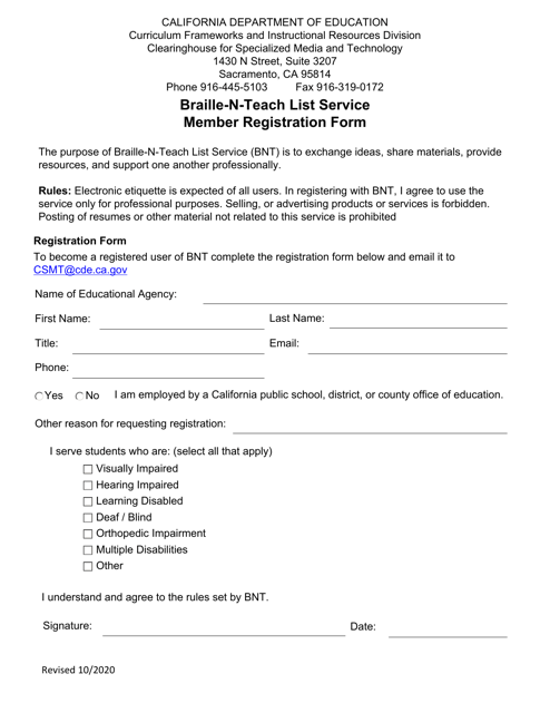 Braille-N-teach List Service Member Registration Form - California Download Pdf