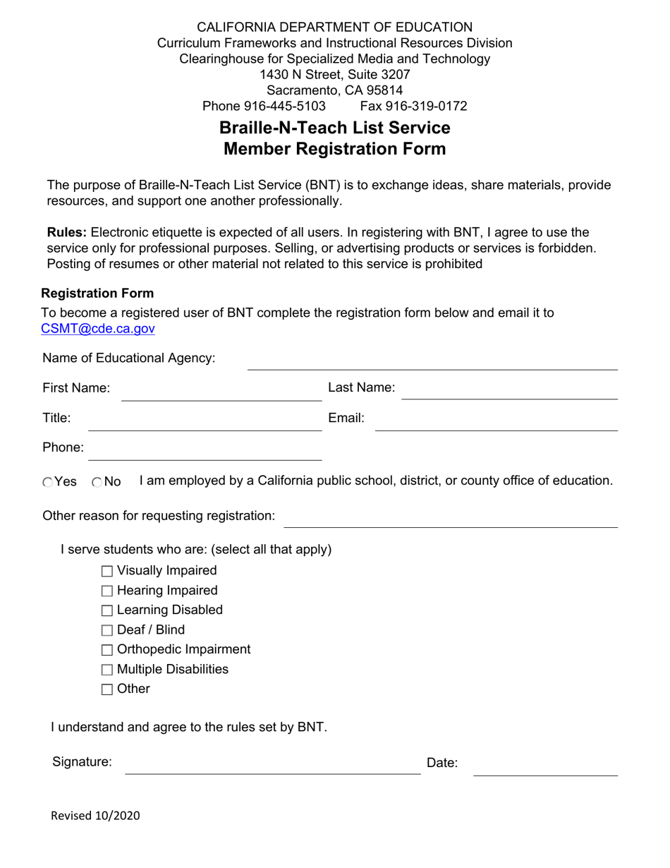 Braille-N-teach List Service Member Registration Form - California, Page 1