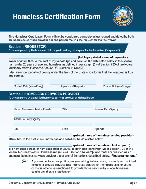 Homeless Certification Form - California Download Pdf