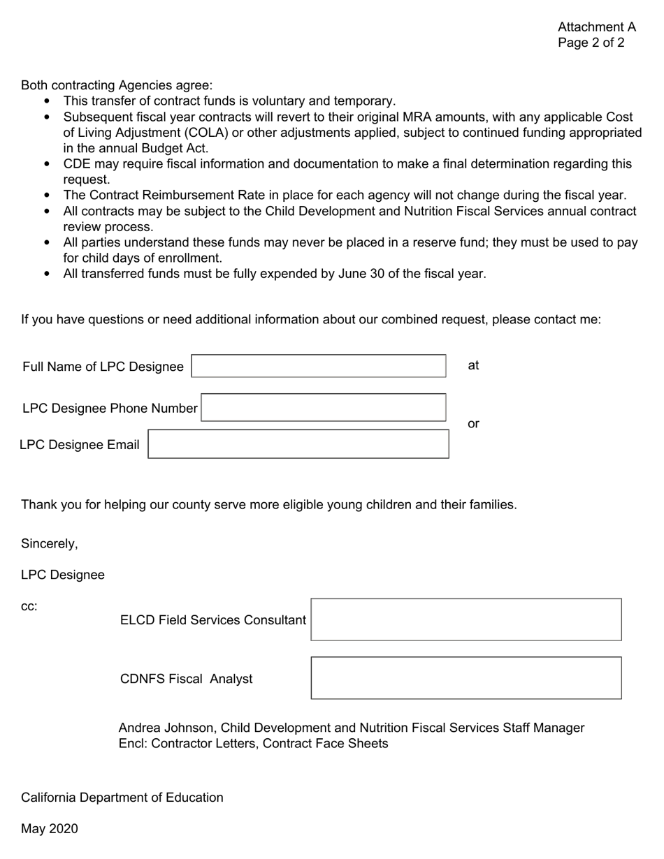 Attachment A Summary Request for Voluntary Temporary Interagency Transfer of Funds - California, Page 2