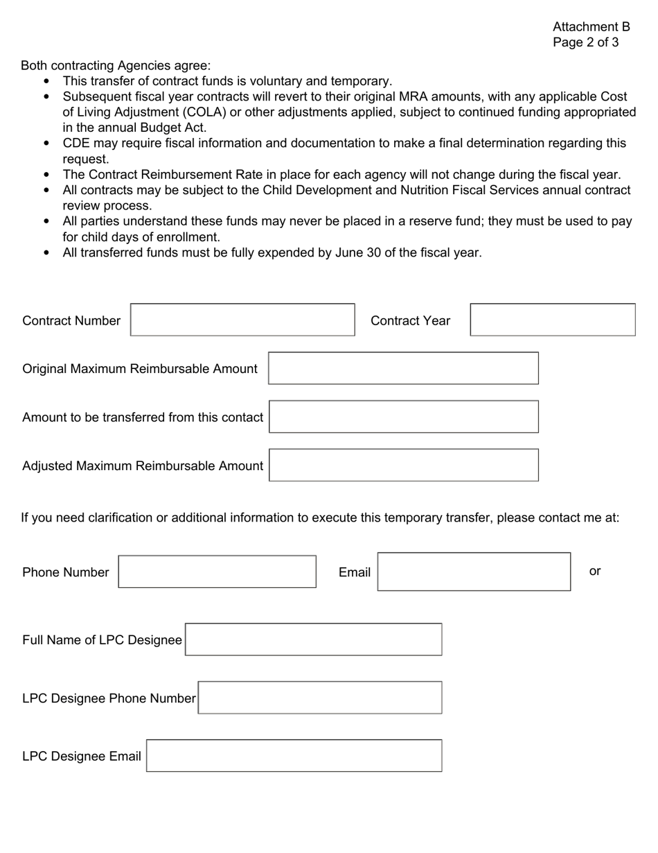 Attachment B Request to Release a Voluntary Temporary Transfer of the California Department of Education (Cde) Contract Funds - California, Page 2