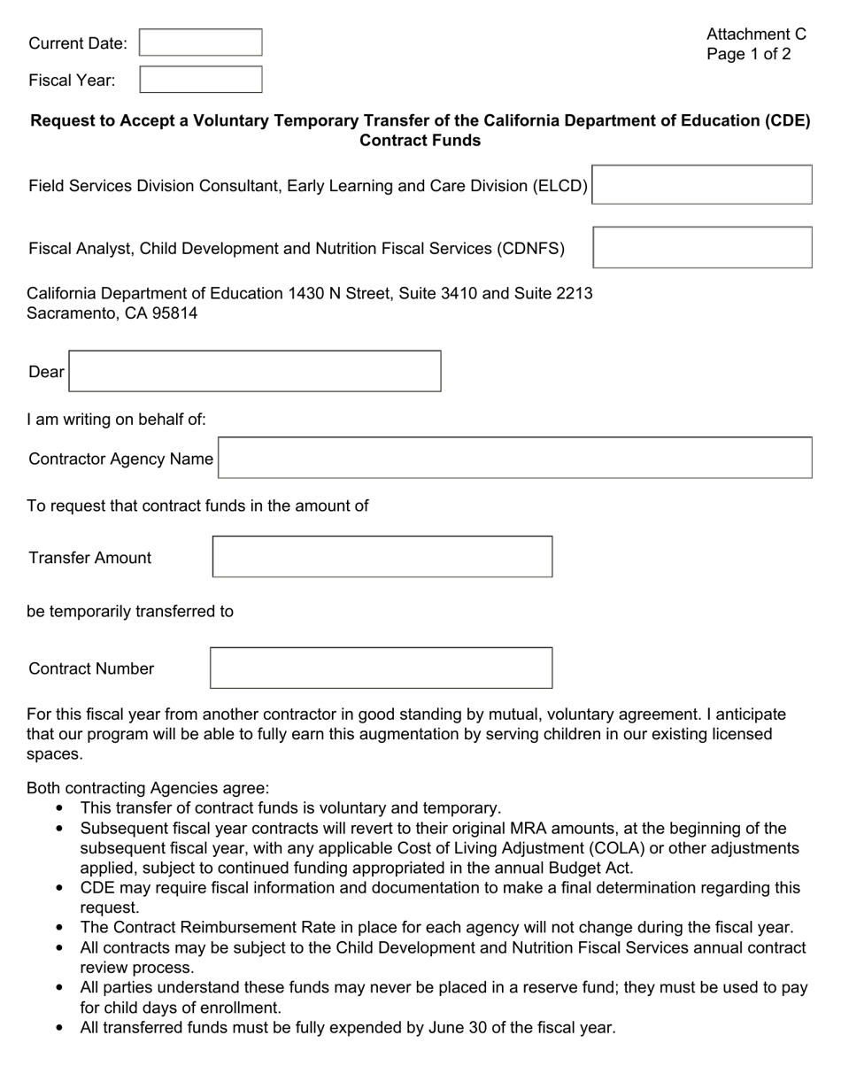 Attachment C Request to Accept a Voluntary Temporary Transfer of the California Department of Education (Cde) Contract Funds - California, Page 1