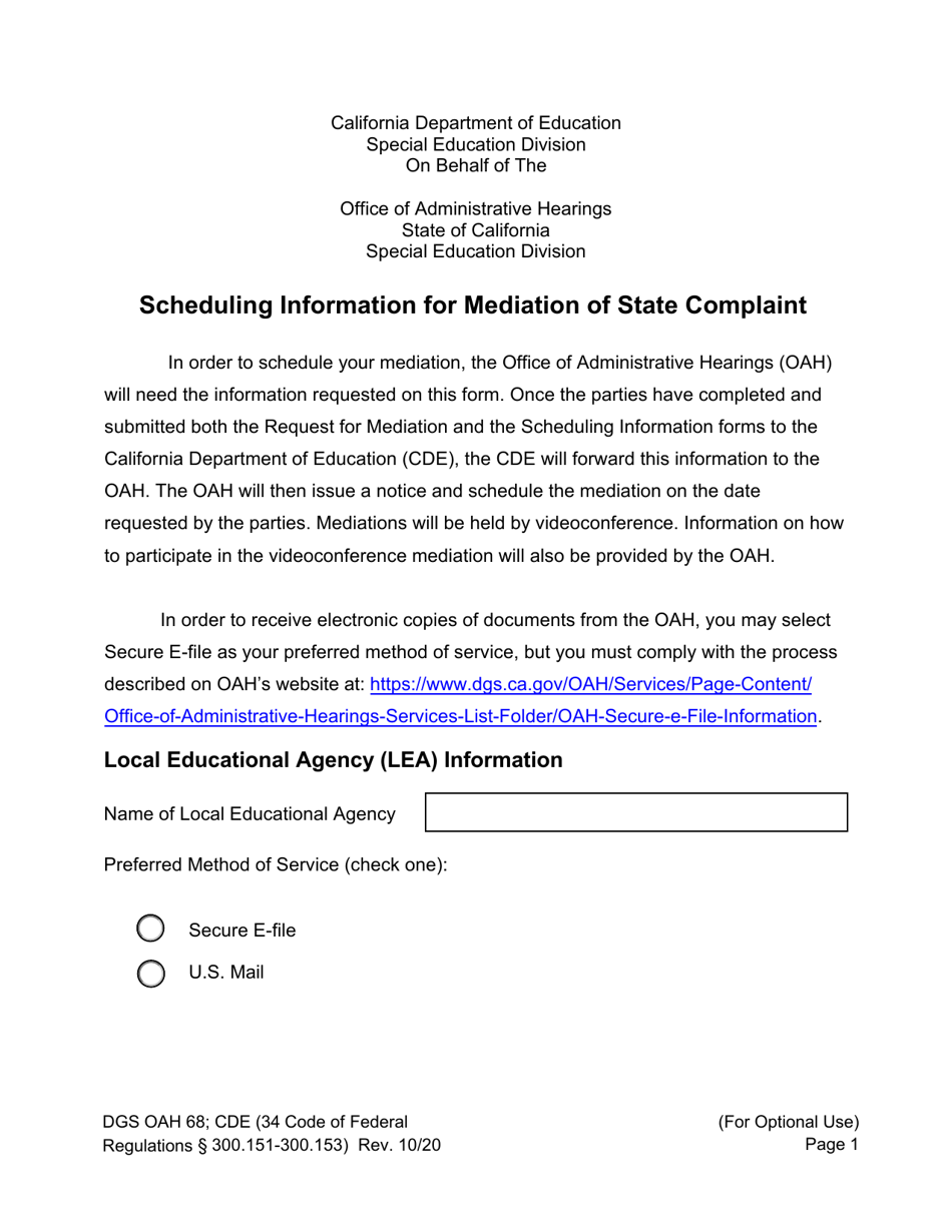 Scheduling Information for Mediation of State Complaint - California, Page 1