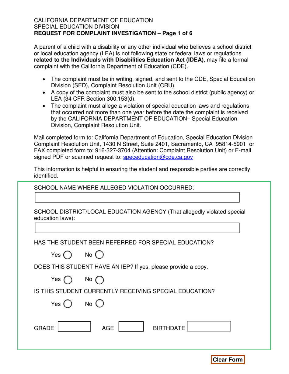 Request for Complaint Investigation - California, Page 1
