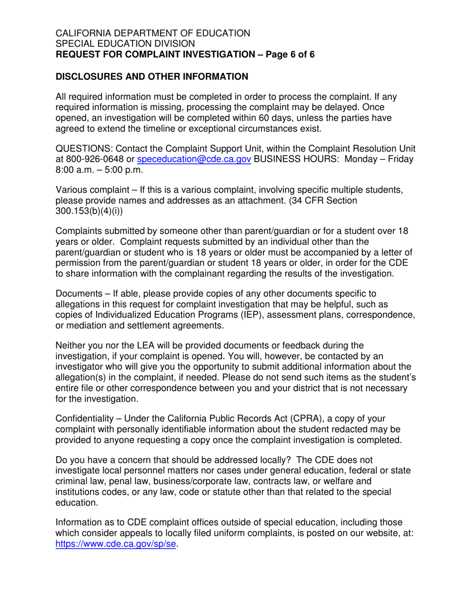 Request for Complaint Investigation - California, Page 6