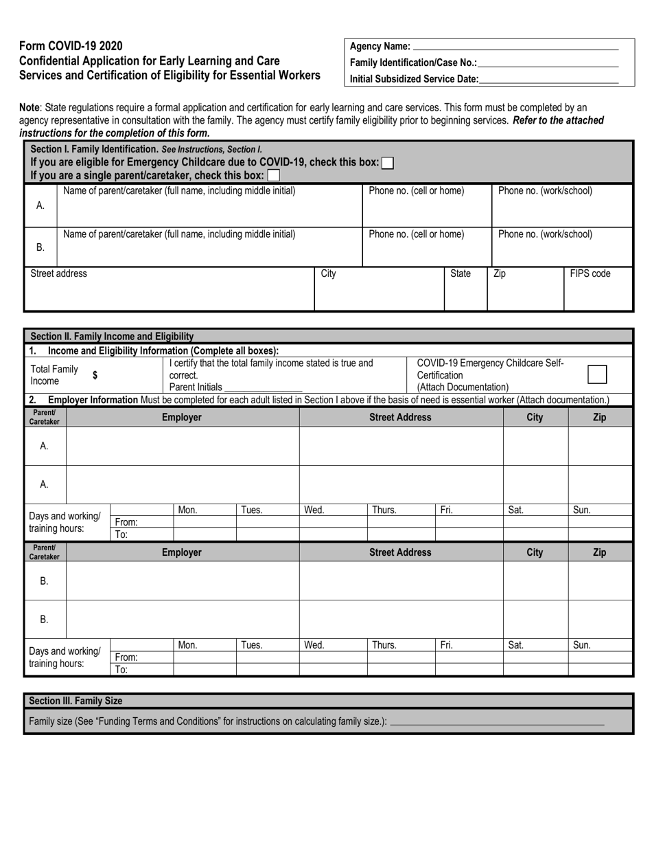 Covid-19 Confidential Application for Early Learning and Care Services and Certification of Eligibility for Essential Workers - California, Page 1