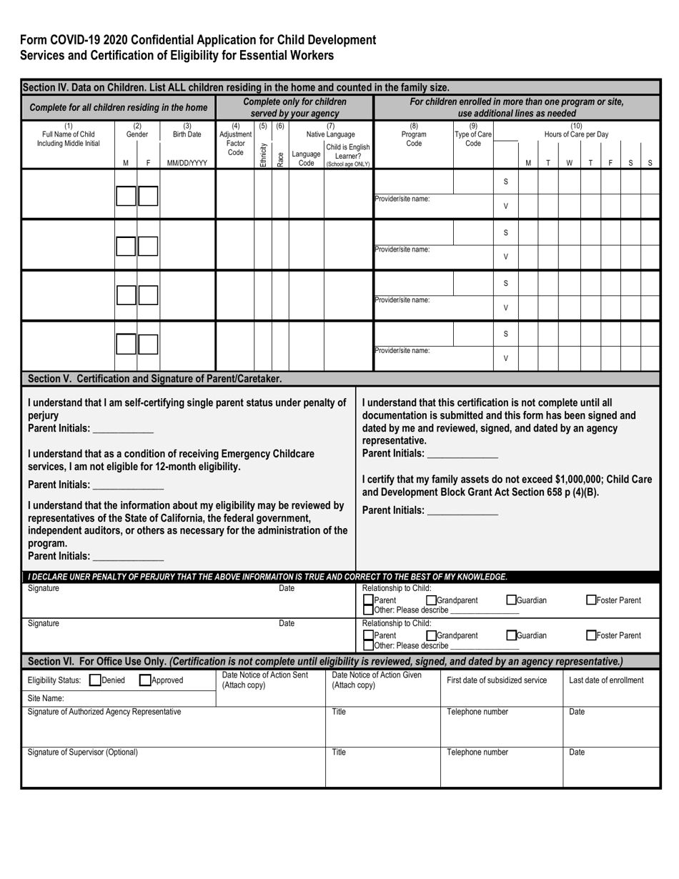 Covid-19 Confidential Application for Early Learning and Care Services and Certification of Eligibility for Essential Workers - California, Page 2