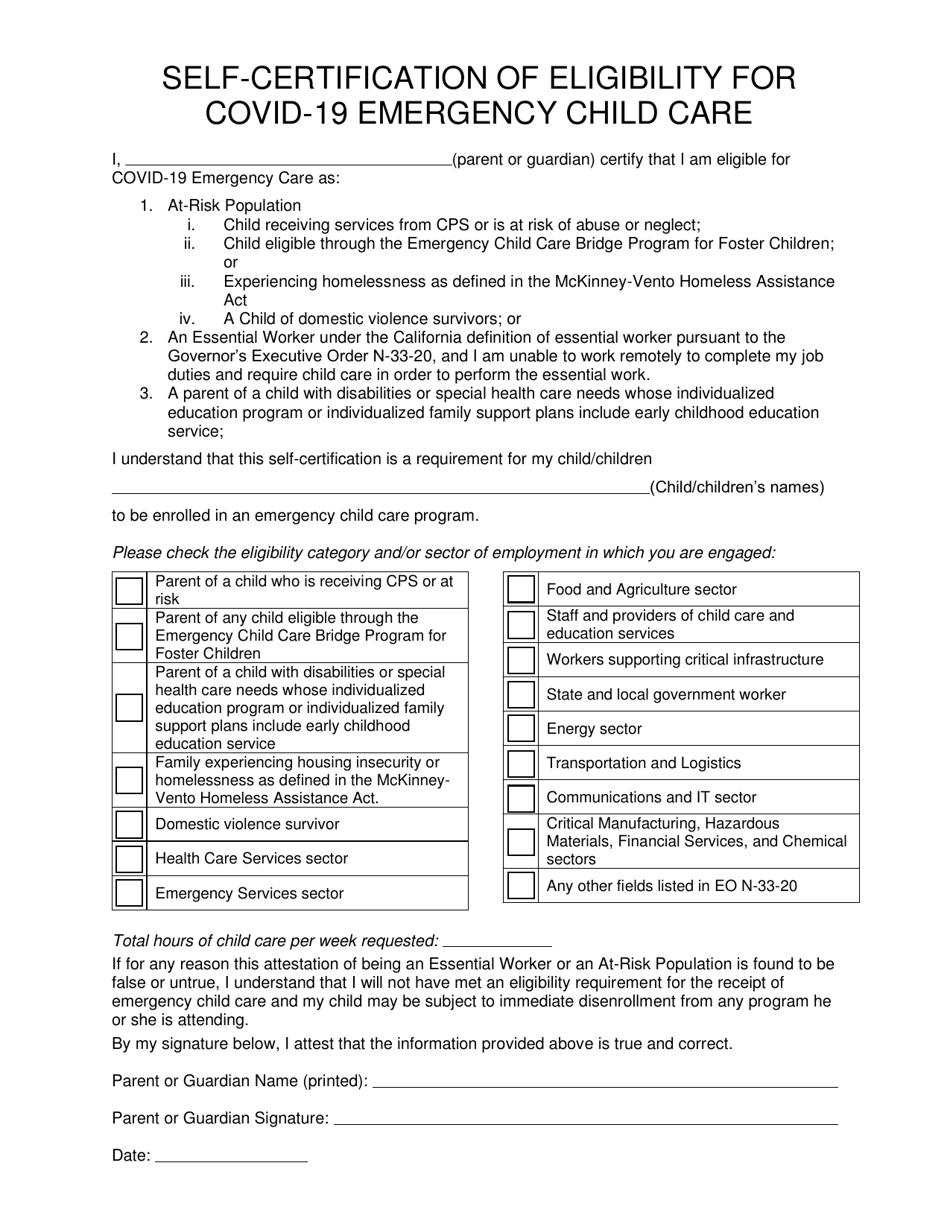 Self-certification of Eligibility for Covid-19 Emergency Child Care - California, Page 1